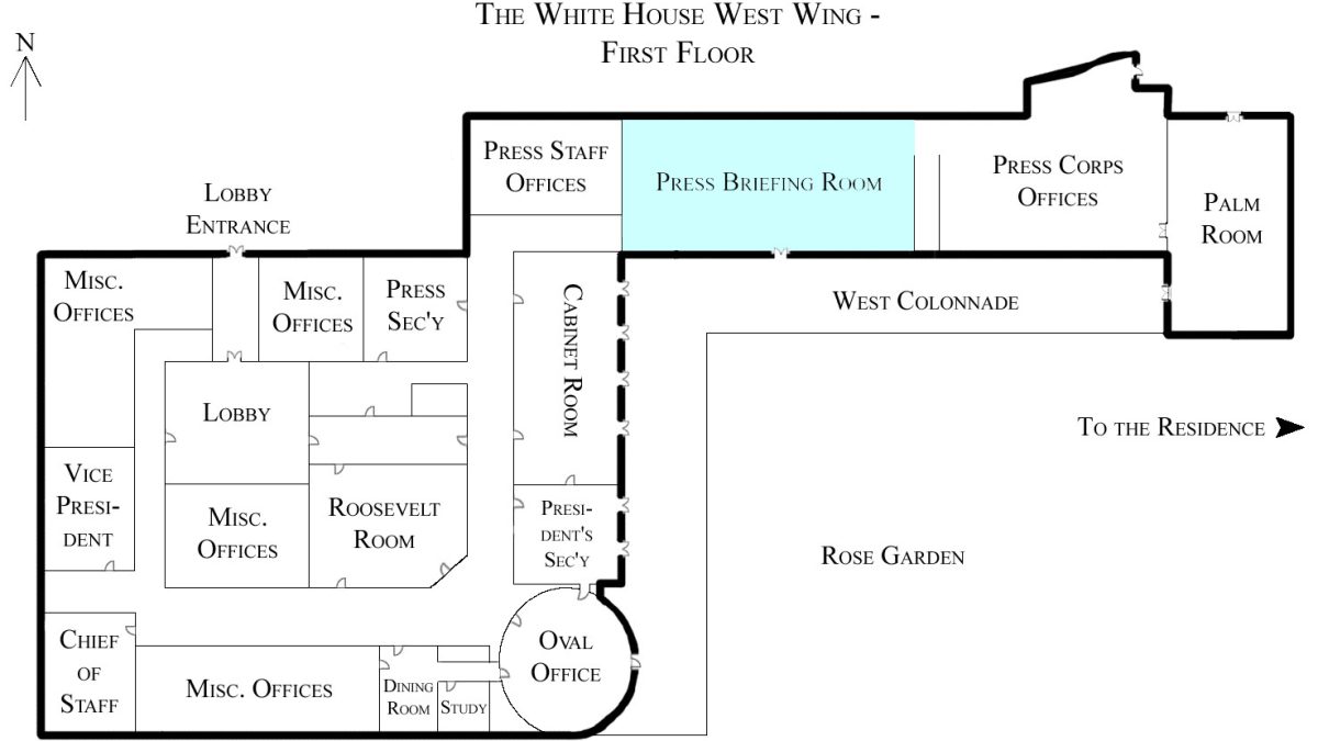 A floorplan of the first floor of the West Wing of the White House.  Note that, depending on the administration, some positions (V.P., Chief of Staff, etc.) may be located in diffe