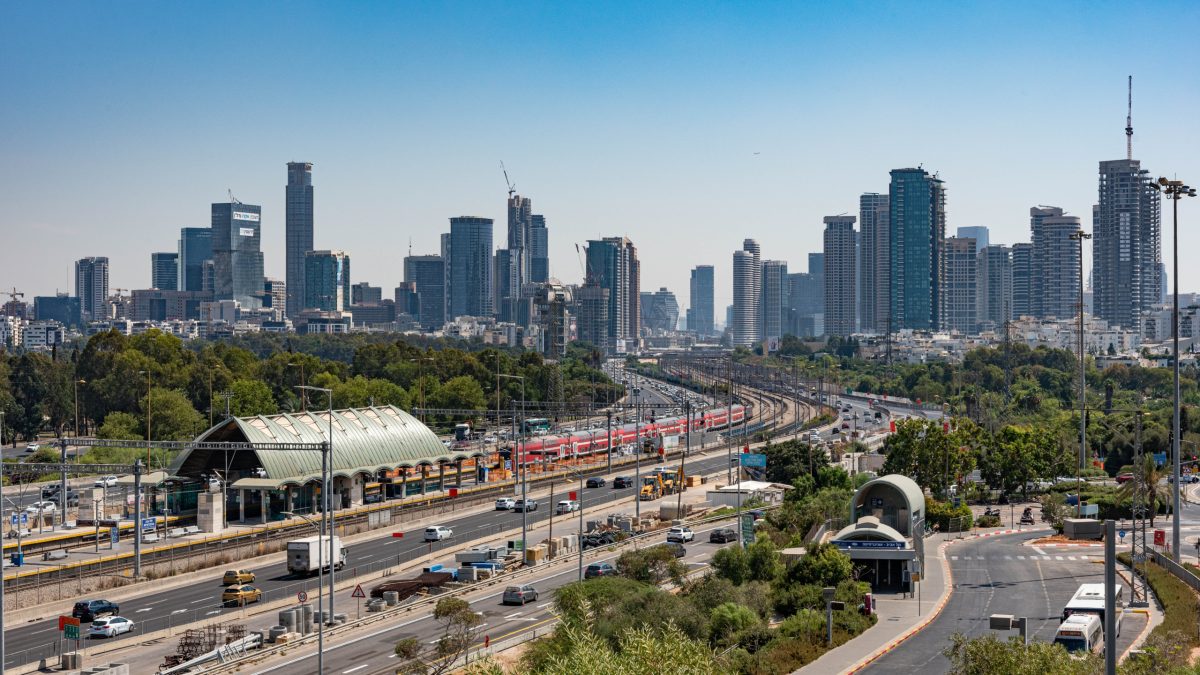 Skylines of Tel Aviv and Ramat Gan, Israel from HaMada Promenade (Tel Aviv University)