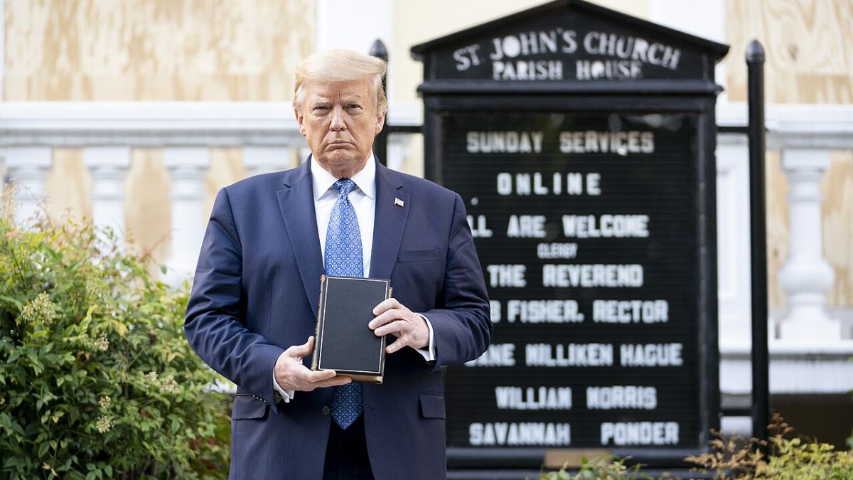 President Donald J. Trump walks from the White House Monday evening, June 1, 2020, to St. John’s Episcopal Church, known as the church of Presidents’s, that was damaged by fire dur...