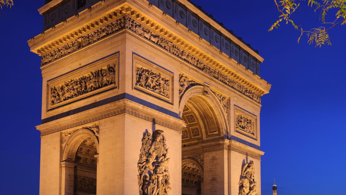 The Arc de Triomphe (Arch of Triumph), at the center of the place Charles de Gaulle, Paris.